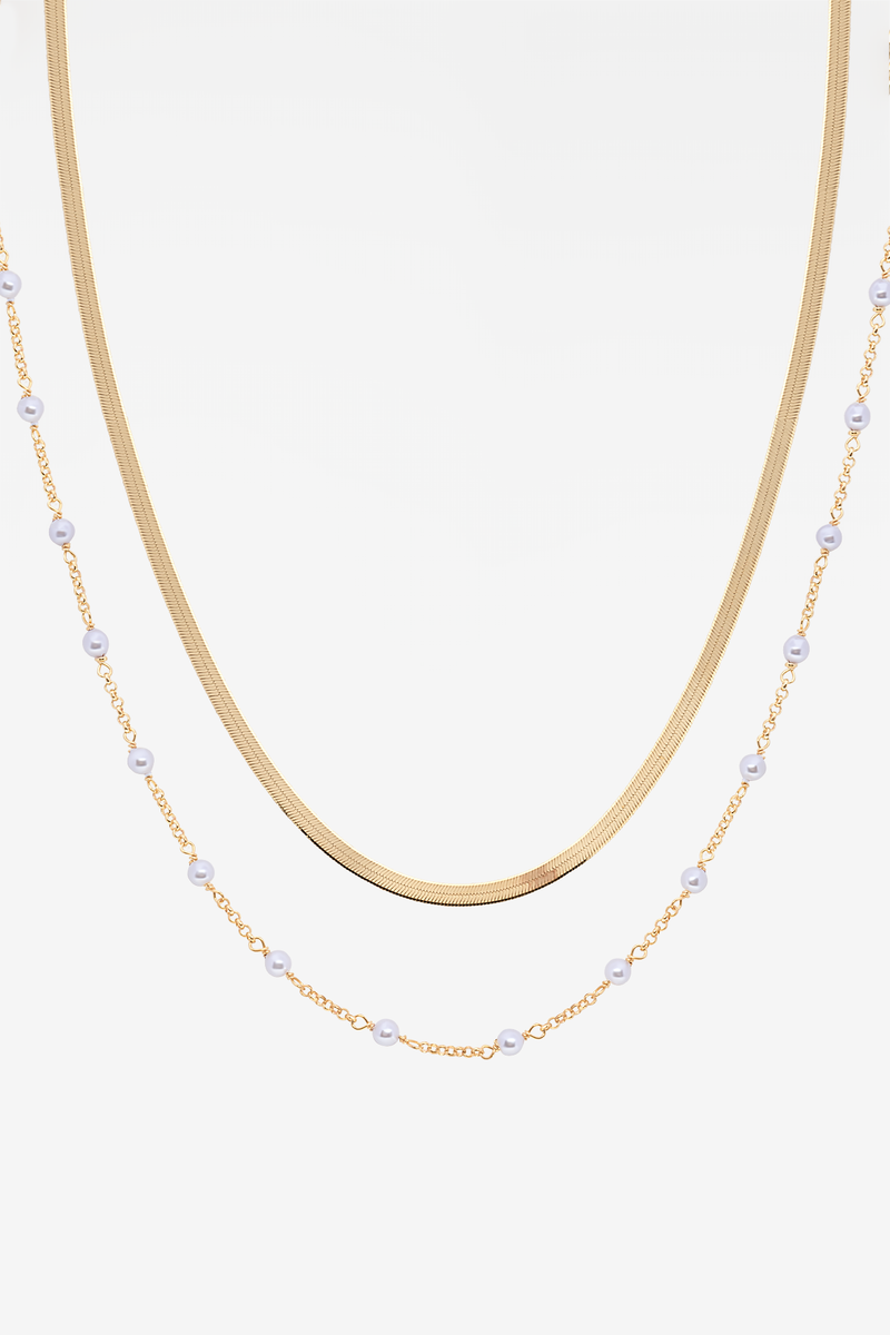 Snake Skin & Baby Pearls Twin 18k Gold Plated Necklace