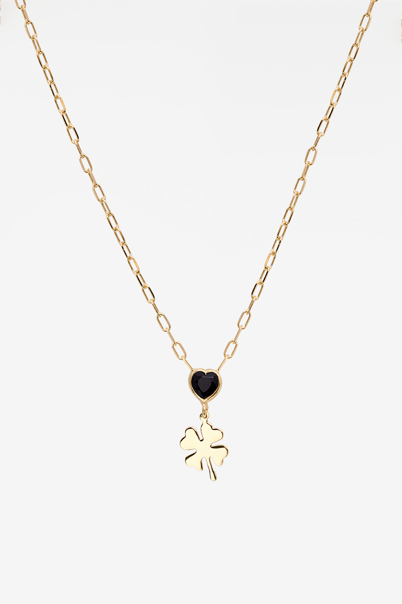 Black Heart Gem & Lucky Clover Shackles 18k Gold Plated Necklace