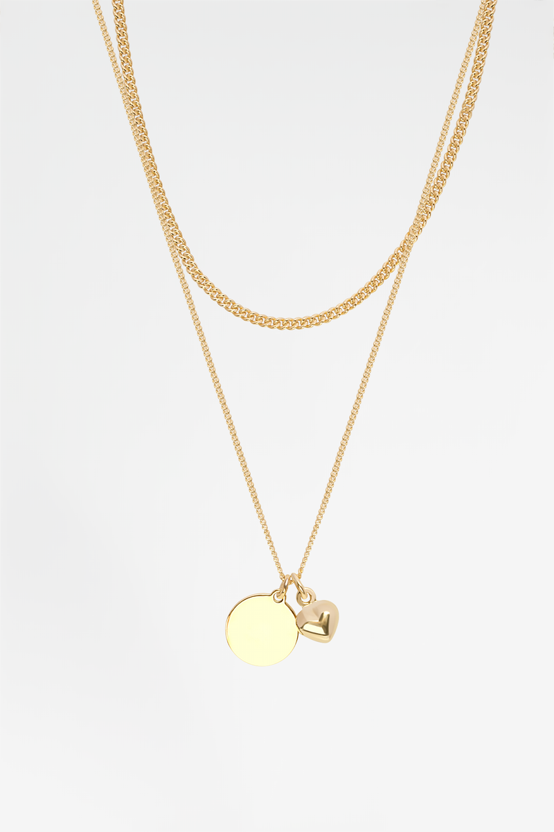 Medallion & Heart Charm Twin 18K Gold Plated Necklace