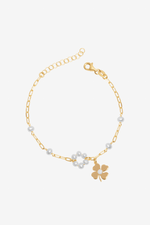 Gold Pearl & Lucky Four Leaf Clover Band Bracelet