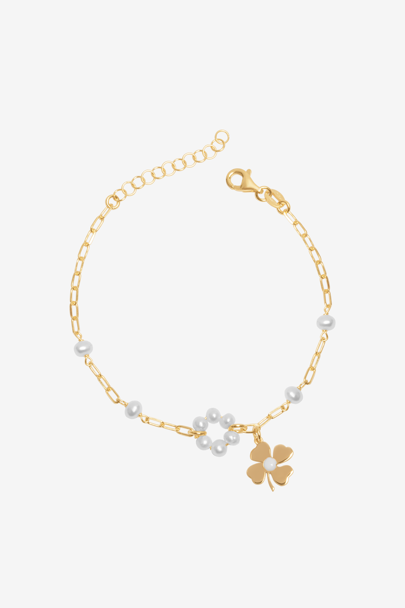 Gold Pearl & Lucky Four Leaf Clover Band Bracelet
